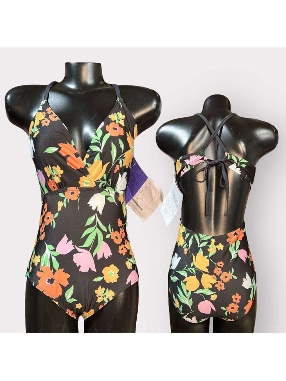 P161 Modcloth NEW OOAK Small One-Piece Swimsuit CutOut Open Black Floral Auction